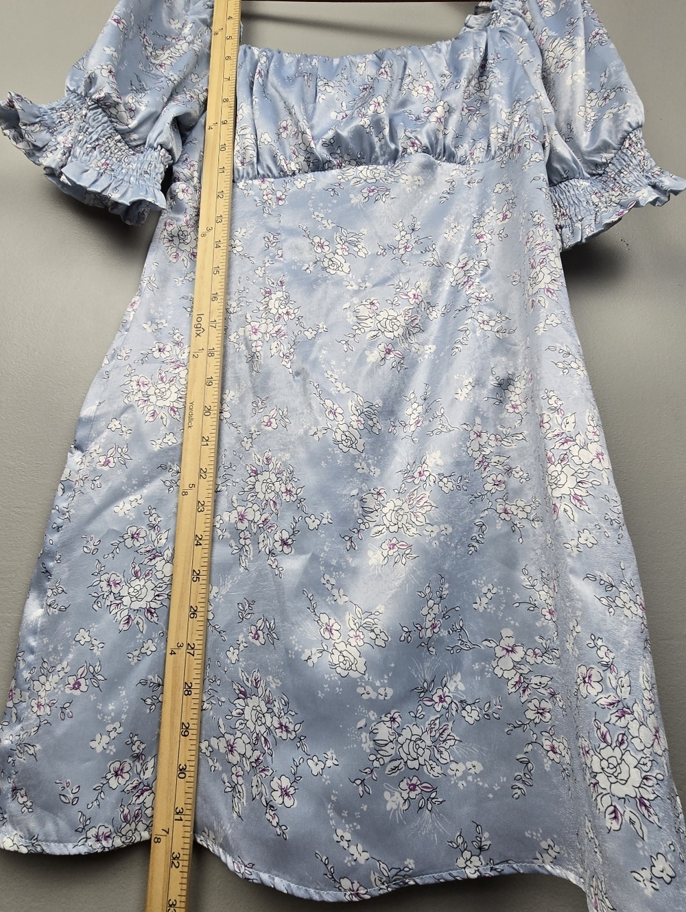 What a Sweetheart Blue Floral Print Satin Puff Sleeve Mini Dress Womens Size S - Picture 11 of 11